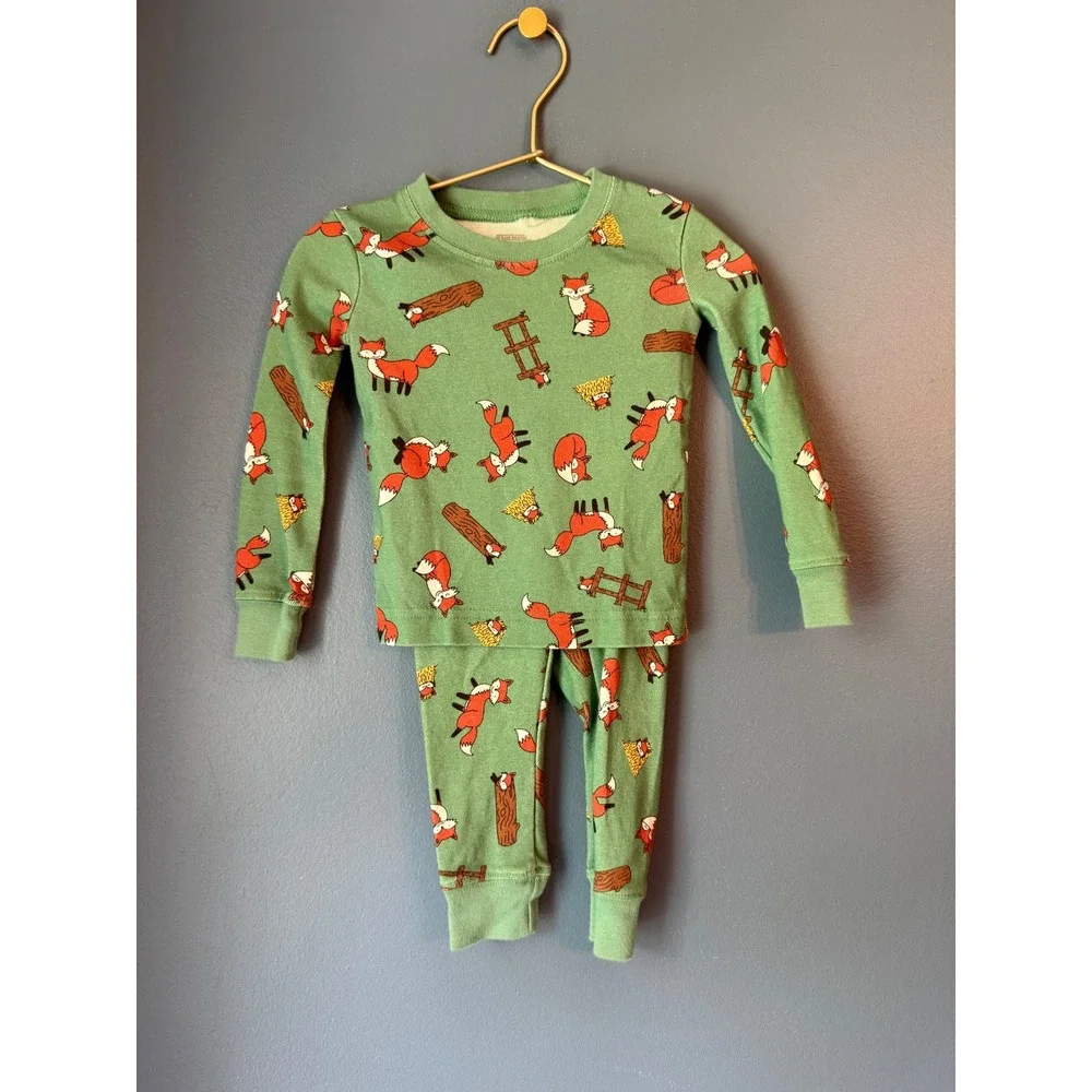 LL Bean Toddlers 2T Organic Cotton Fox Print Pajama Set Green